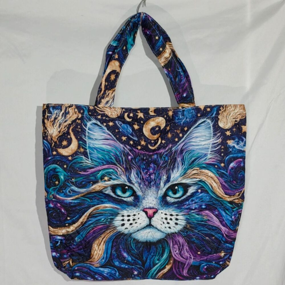 Mystical Cosmic Galaxy Starry Night Cat Canvas Tote Bag Purple